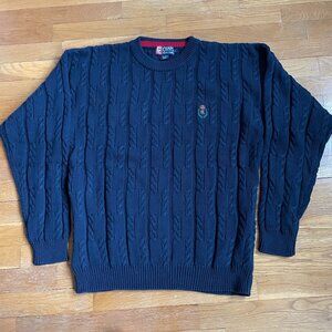 Vtg Chaps Ralph Lauren Sweater Mens L Blue Cable Knit Embroidered Crest‎ Logo
